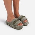 thumbnail image 4 of Luxemoda Womens Buzzing Khaki Buckle Detail Flatform Slider Faux Fur Sandals (KHAKI, 7), 4 of 5