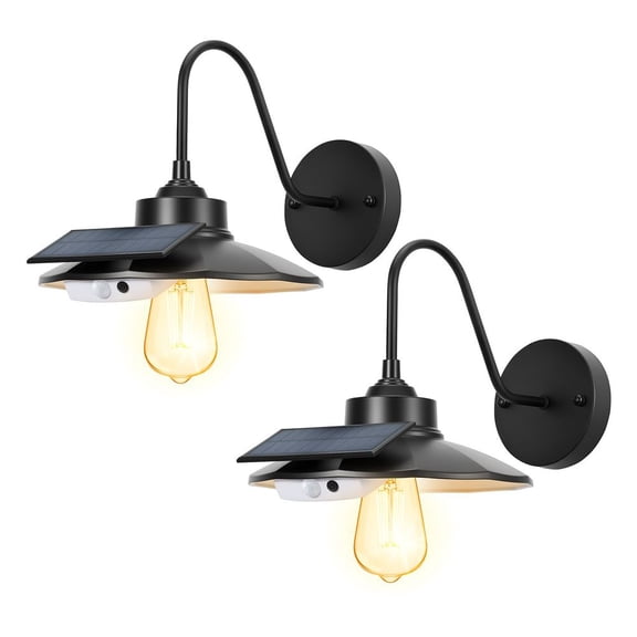 Solar Outdoor Barn Light, 3 Lighting Modes and Motion Sensor, 2-Pack Gooseneck Light Fixture, Farmhouse Wall Sconce, with E27 Bulb Compatible, Waterproof for Porch, House, Entryway, Garage, Black
