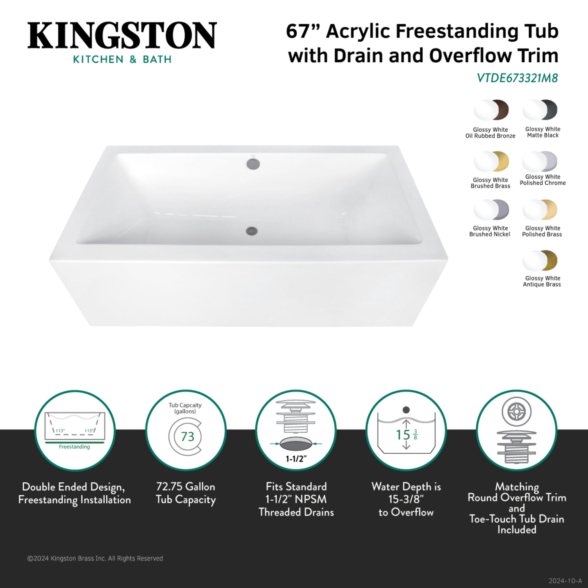 Kingston Brass VTDE673321M8 67" Acrylic Rectangular Double Ended Freestanding Tub with Overflow/Drain Assembly, Glossy White/Brushed Nickel
