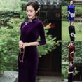 thumbnail image 4 of ALSLIAO Nuevo y lujoso vestido largo de terciopelo para mujer, cheongsam chino ajustado, qipao morado M, 4 of 8