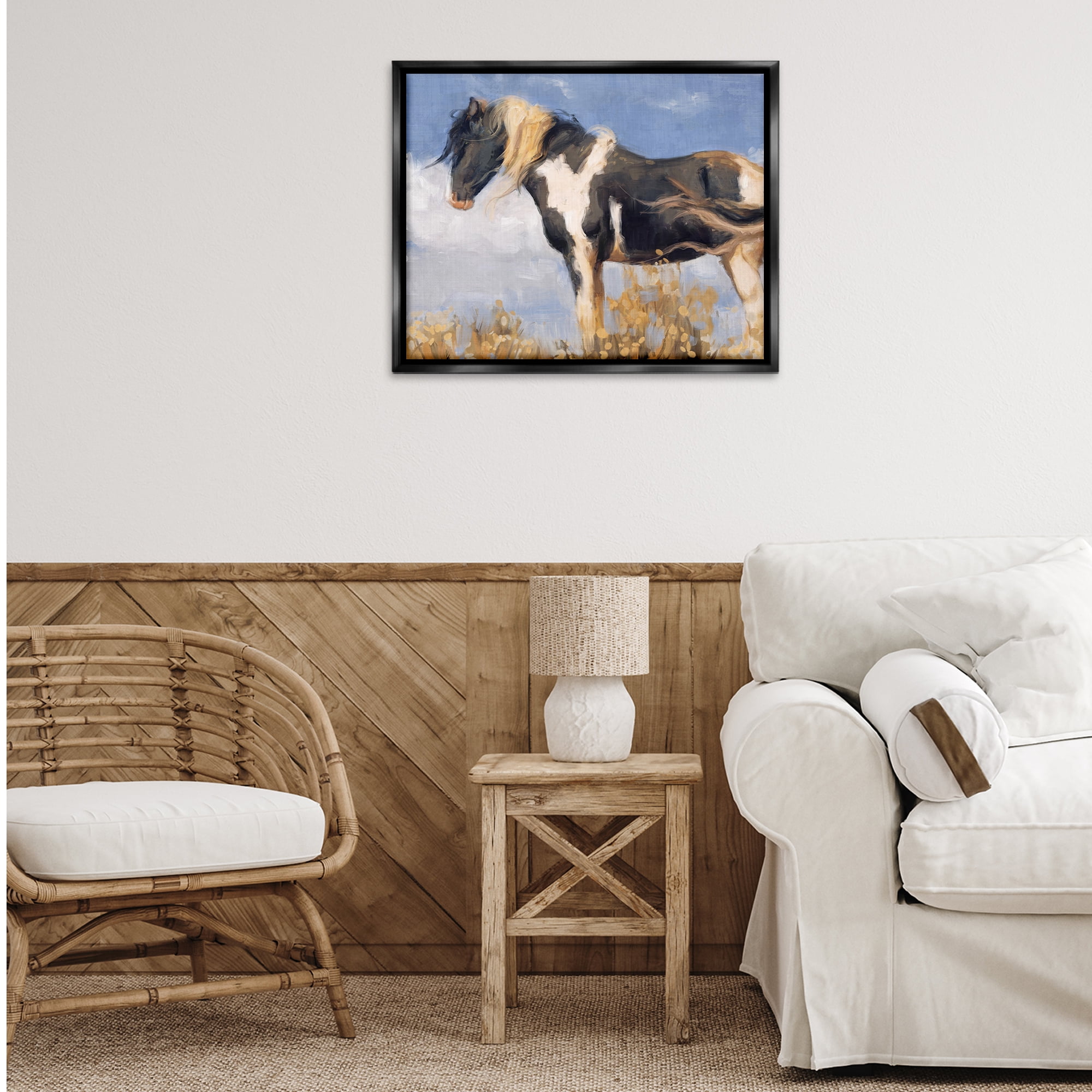Stupell Industries Traditional Windswept Stallion Animals & Insects Painting Black Floater Framed Canvas Art Print Wall Art, 31 x 25
