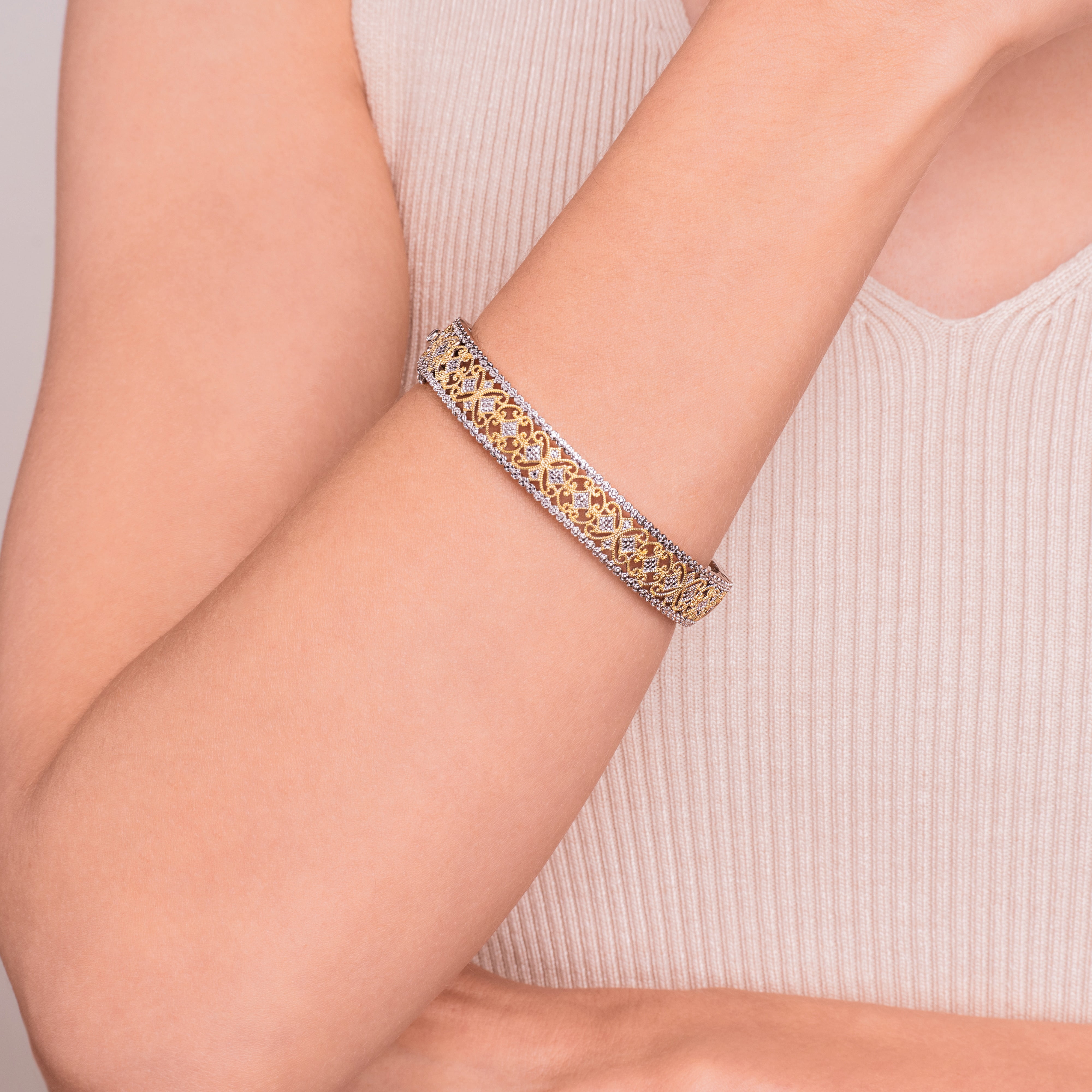 Forever Facets Diamond Accent Filigree Bangle in Two-Tone 18k Yellow Gold and Rhodium over Bronze, Adult Female