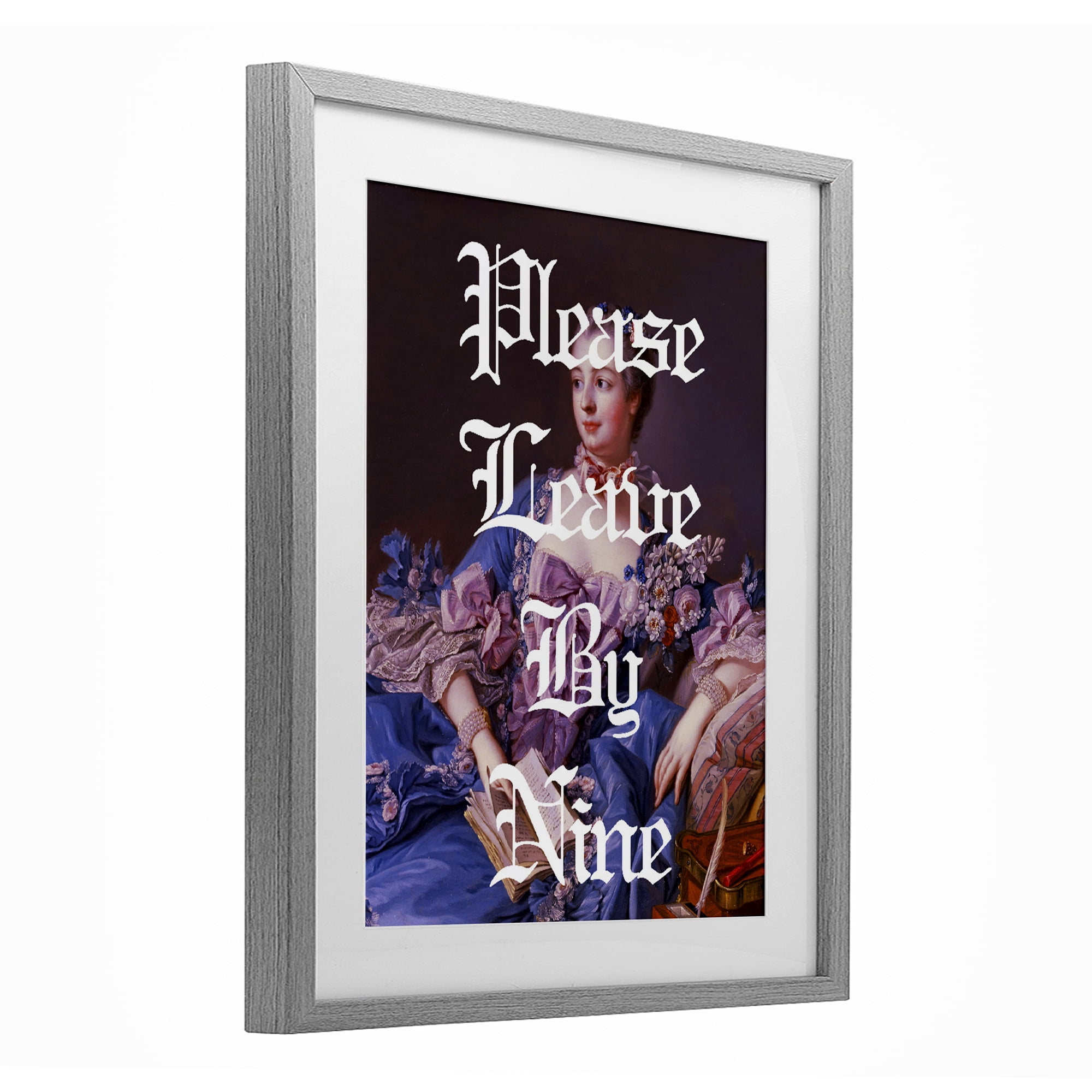 Please Leave By Nine Gray Framed Print Under Glass, design by Lil' Rue