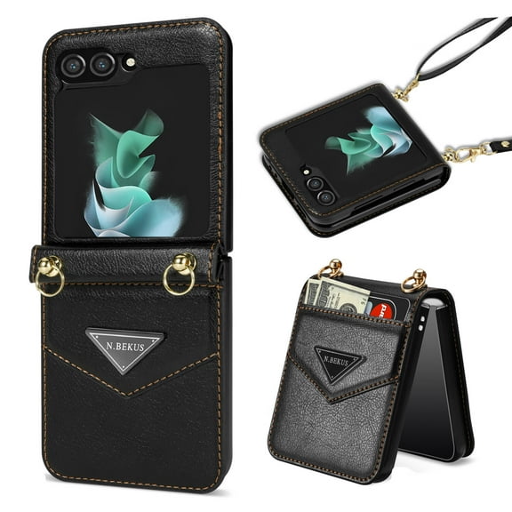 Samsung Galaxy Z Flip 5 Case with Card Holder Strap Lanyard, Samsung Z Flip 5 Case Wallet Phone Case Folding Barrier Free Crossbody Cover Purse  Women (Black)