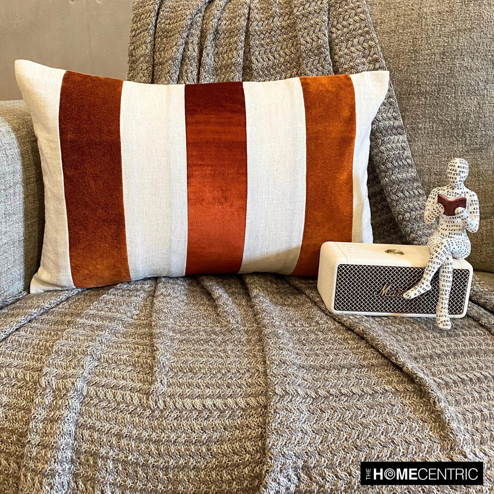 The HomeCentric Decorative Lumbar Pillow Cover Orange, 12"x22" (30x55 cm) Velvet & Linen Patchwork, Color Block, Halloween, Fall, Autumn Decor, Home Décor Oblong Cushion Cover, Striped- Swathe Orange