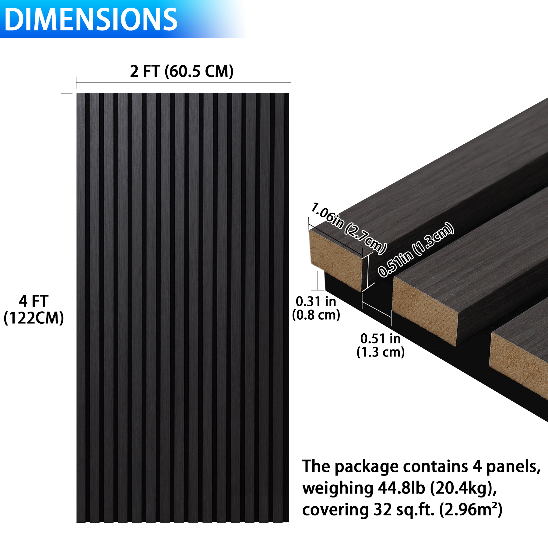 Taaizau 3D Slat Acoustic Wall Panels with Wood Finish Accent, 4 Pack Sound Absorbing Paneling for Studio, Office, Living Room, Bedroom Interior Decor (Matte Black, 48''L x 24''W)