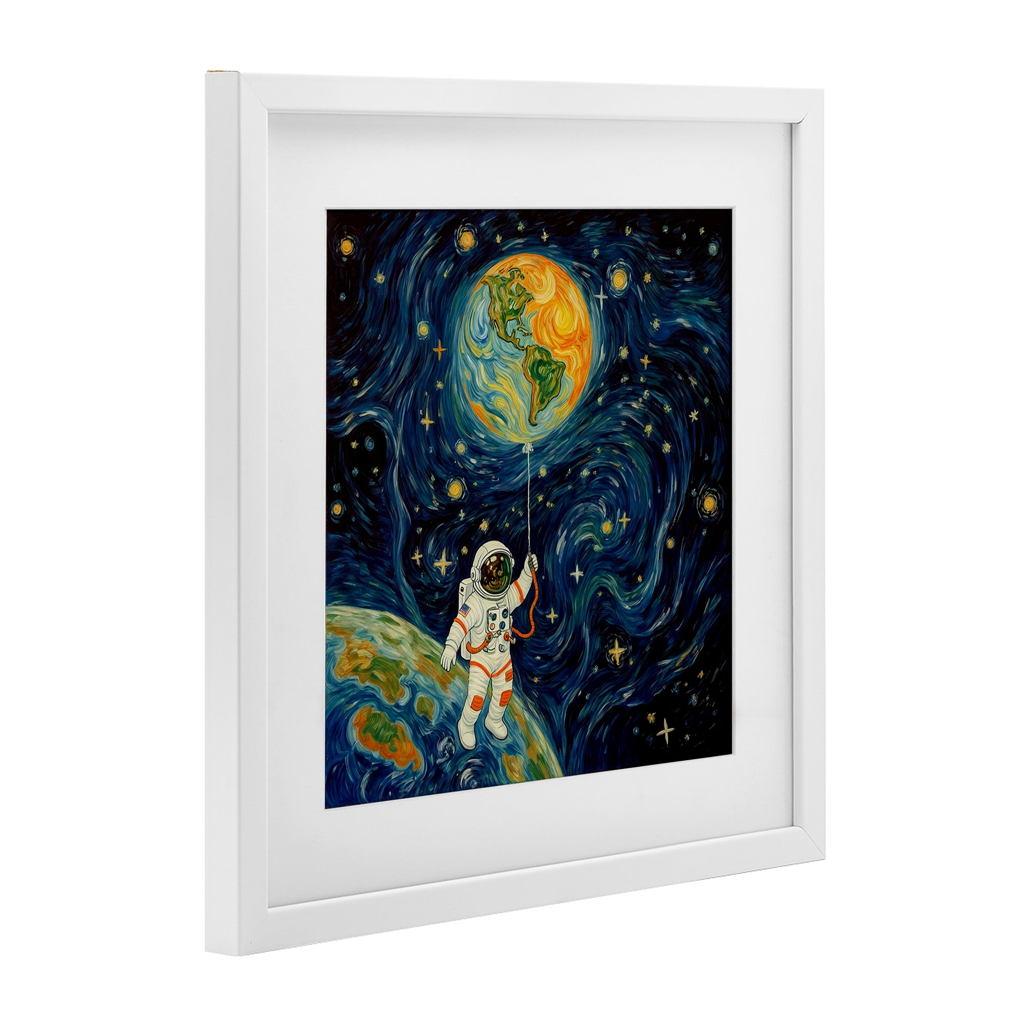 Astronaut with Earth Balloon White Framed Print Under Glass, design by Angie Hawke