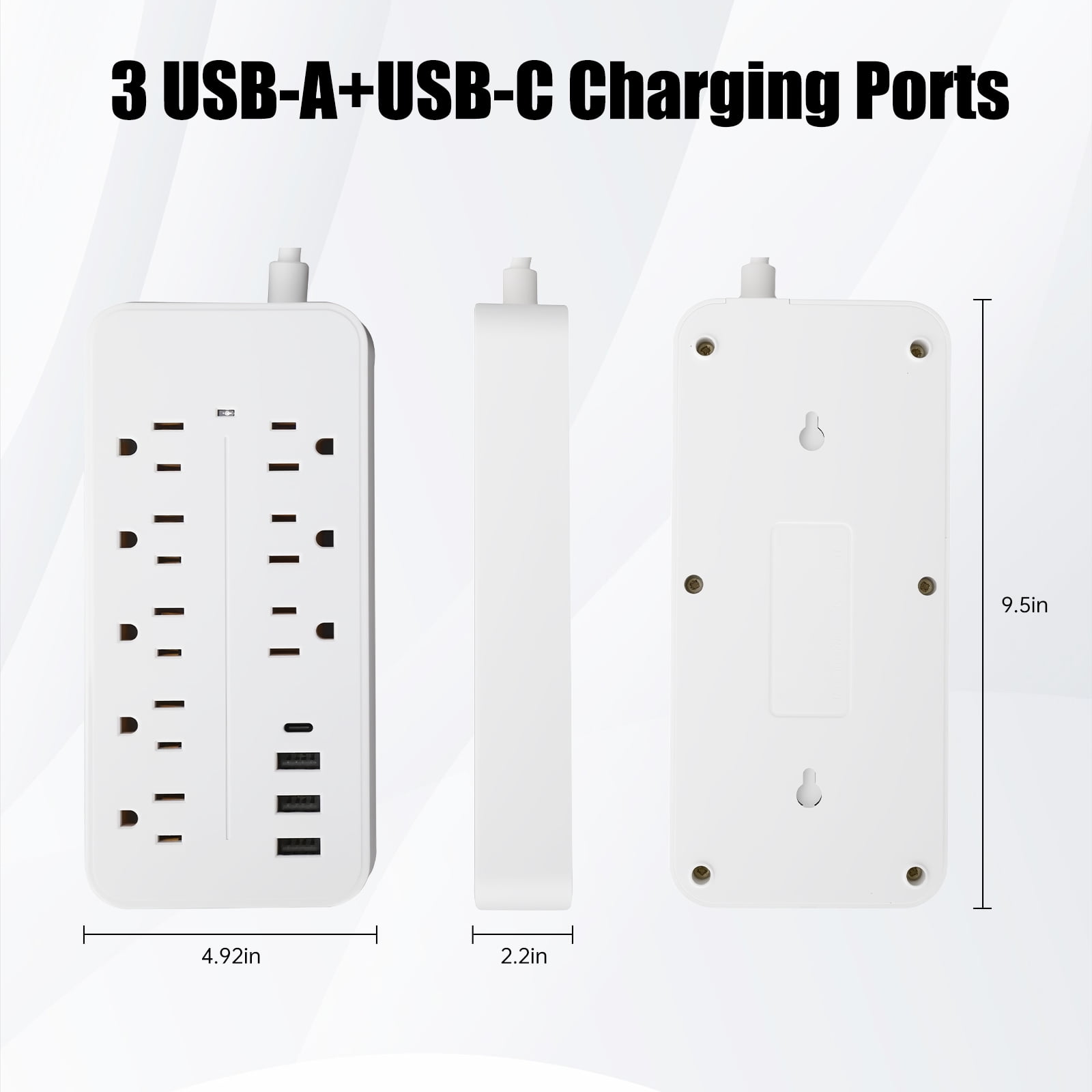 8-Outlet Surge Protector Power Strip with 3 USB (1 USB-C), 4ft Flat Plug, 1250W/1700J, Switch for Office/Dorm, White