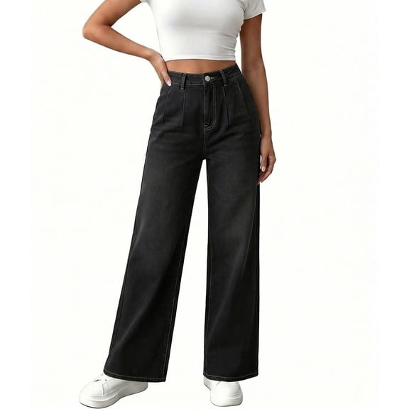 Women's High Waist Pleated Wide Leg Jeans, Stretch Baggy Straight Leg Long Denim Trousers Casual Vintage Loose Pants with Pockets, XS-3XL