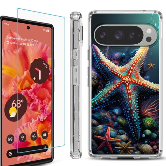 For Google Pixel 9 / 9 Pro Phone Case Cover, Shockproof Bumper Case with Tempered Glass Screen Protector, by OneToughShield - Starfish