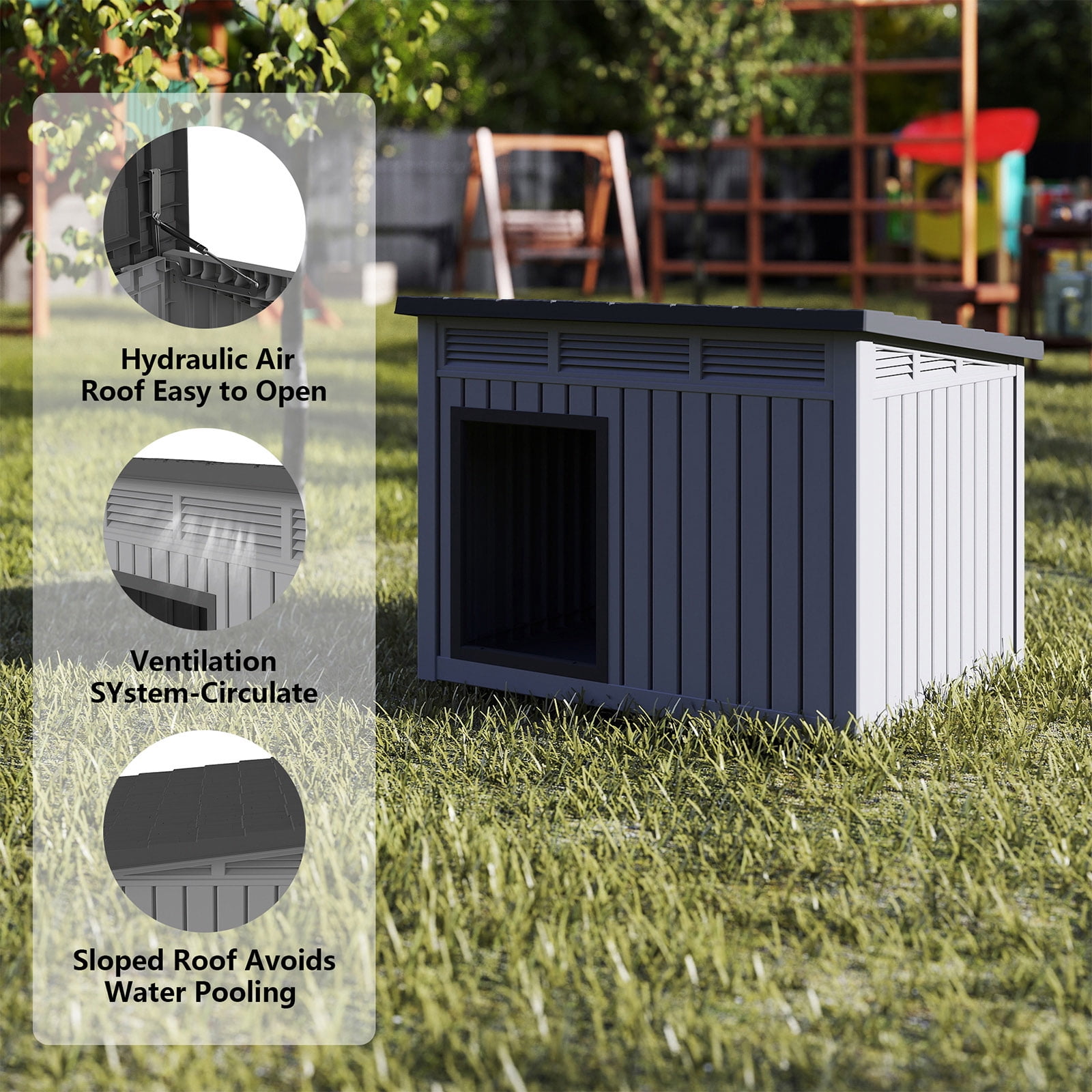 LEDMOMO Dog House for Large Dogs Outdoor with Slanted Roof Weatherproof PP Plastic Durable Shelter