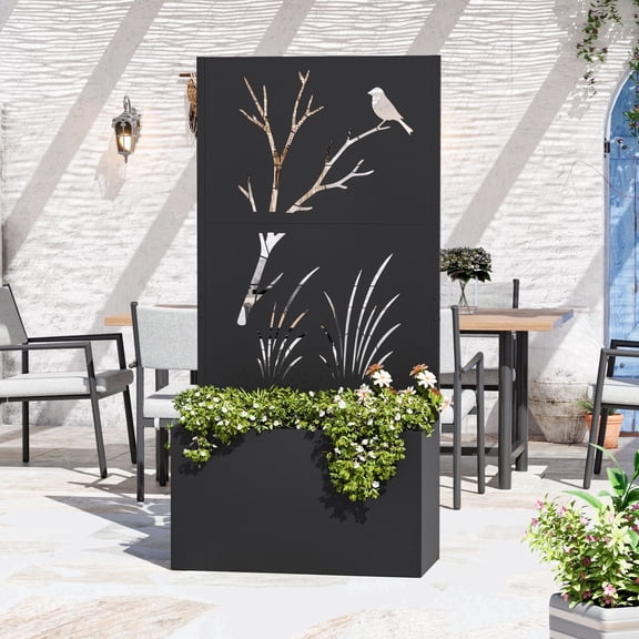 Modern Shade 6x3 FT Metal Planter Box with Trellis Privacy Screen, Raised Garden Bed with Drainage Holes for Climbing Plants, Perch Meadow