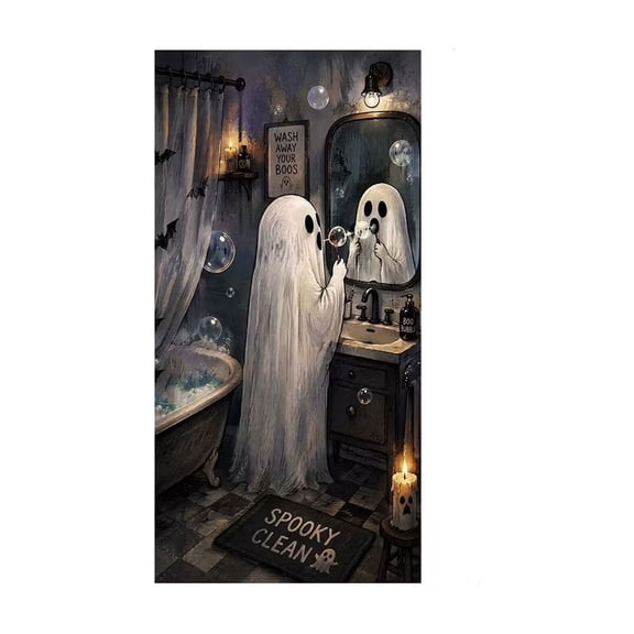 Halloween Ghost Door Curtain 180x90cm, Spooky Fabric Wall Hanging Decor with Rope & Grommets, Indoor Outdoor Window Party Backdrop, Reusable Prop