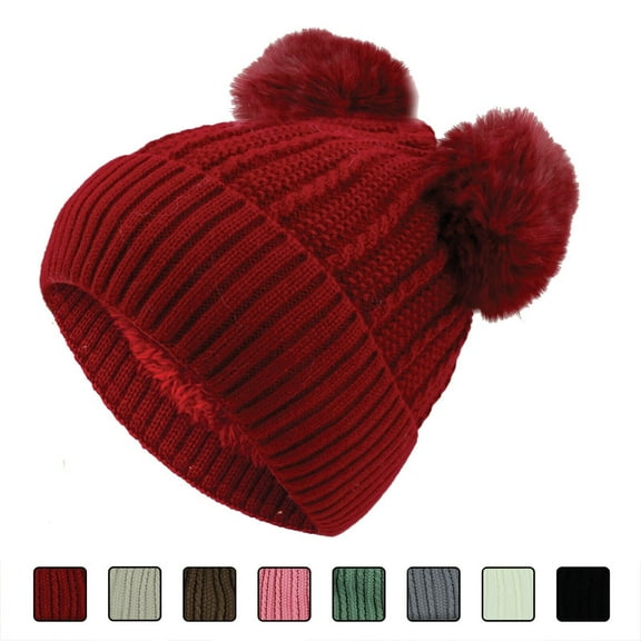 Women Double Pom Pom Beanies Hat, Winter Hats for Women Cold Weather Warm Knit.
