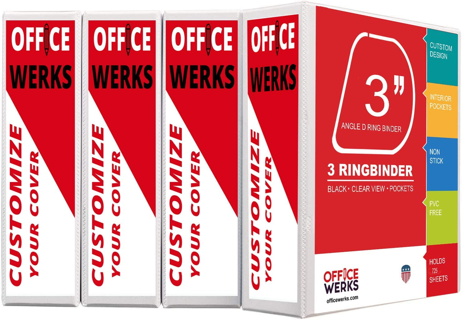 3 Ring Binders, 3 Inch Slant D-Rings, White, 4 Pack, Clear View, Pockets