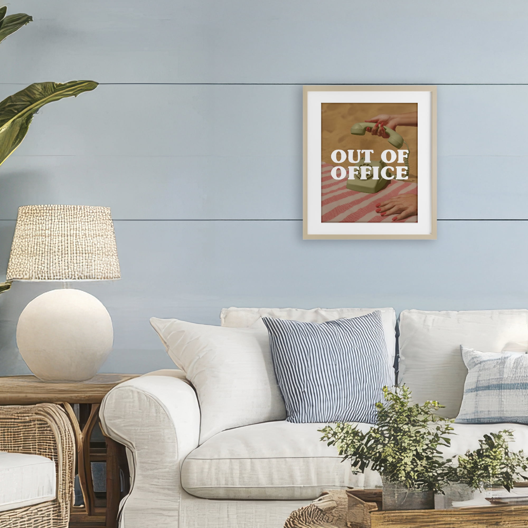 Out of Office Green Phone Birch Framed Print Under Glass, design by Lil' Rue