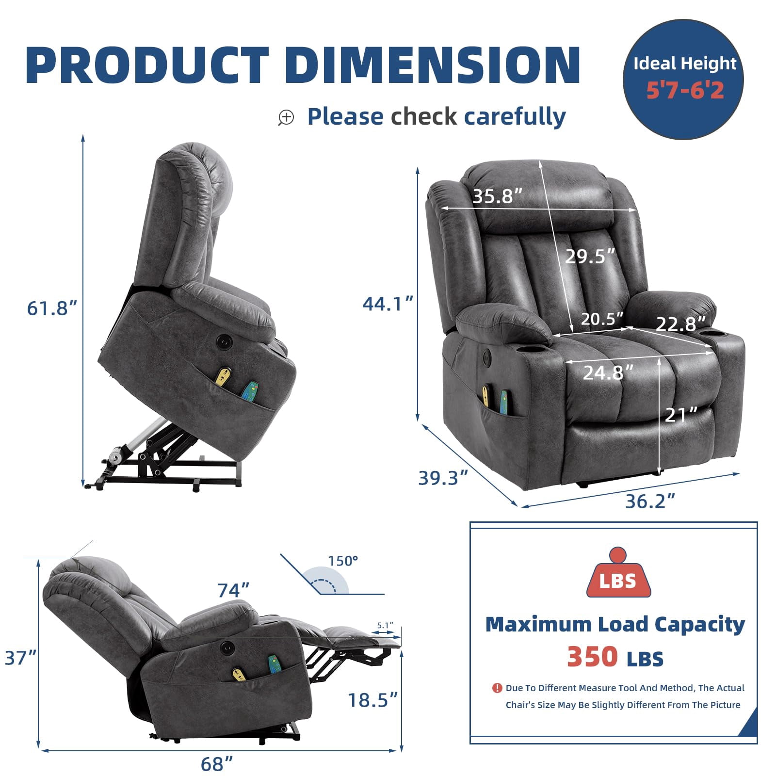 SOCIALCOMFY Large Electric Power Lift Recliner Chair with Extended Footrest for Elderly Big Man, Overstuffed Wide Massage Lounge Chairs with Heat, 2 Cup Holders, Side Pockets & USB Ports, Gray