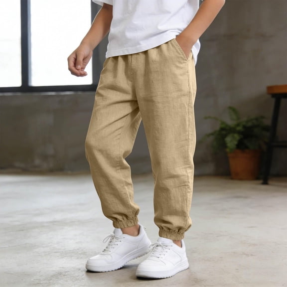 ZOYOEN Boys Cotton Linen Pants with Pockets- Casual Lightweight Elastic Waist Straight Leg Summer Beach Pants Khaki Size 6-14