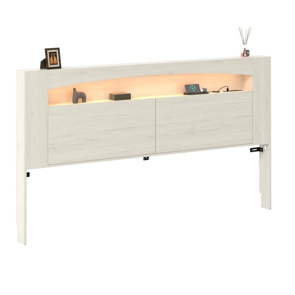 Queen size headboard only with RGB Lights & Charging Station, Wooden Storage Headboard with Open Shelves & Hidden Drawers, Easy Control for Bedroom Ambiance