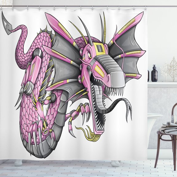 Ambesonne Dragon Shower Curtain, Digital Robotic Cyborg, 69"Wx75"L, Yellow Fuchsia Grey