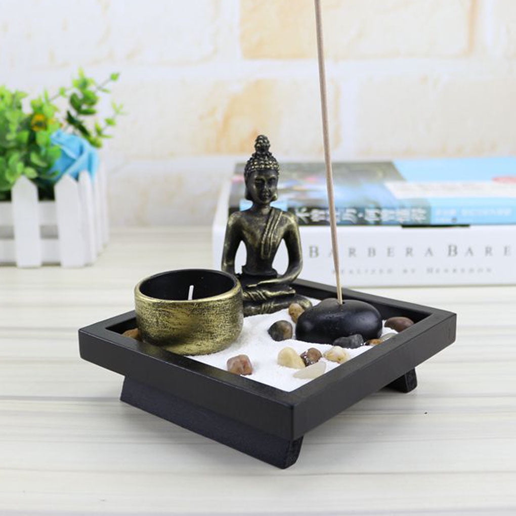 Desk Garden Buddha Statue with Tealight Incense Holder Rocks Sand Home Decor 