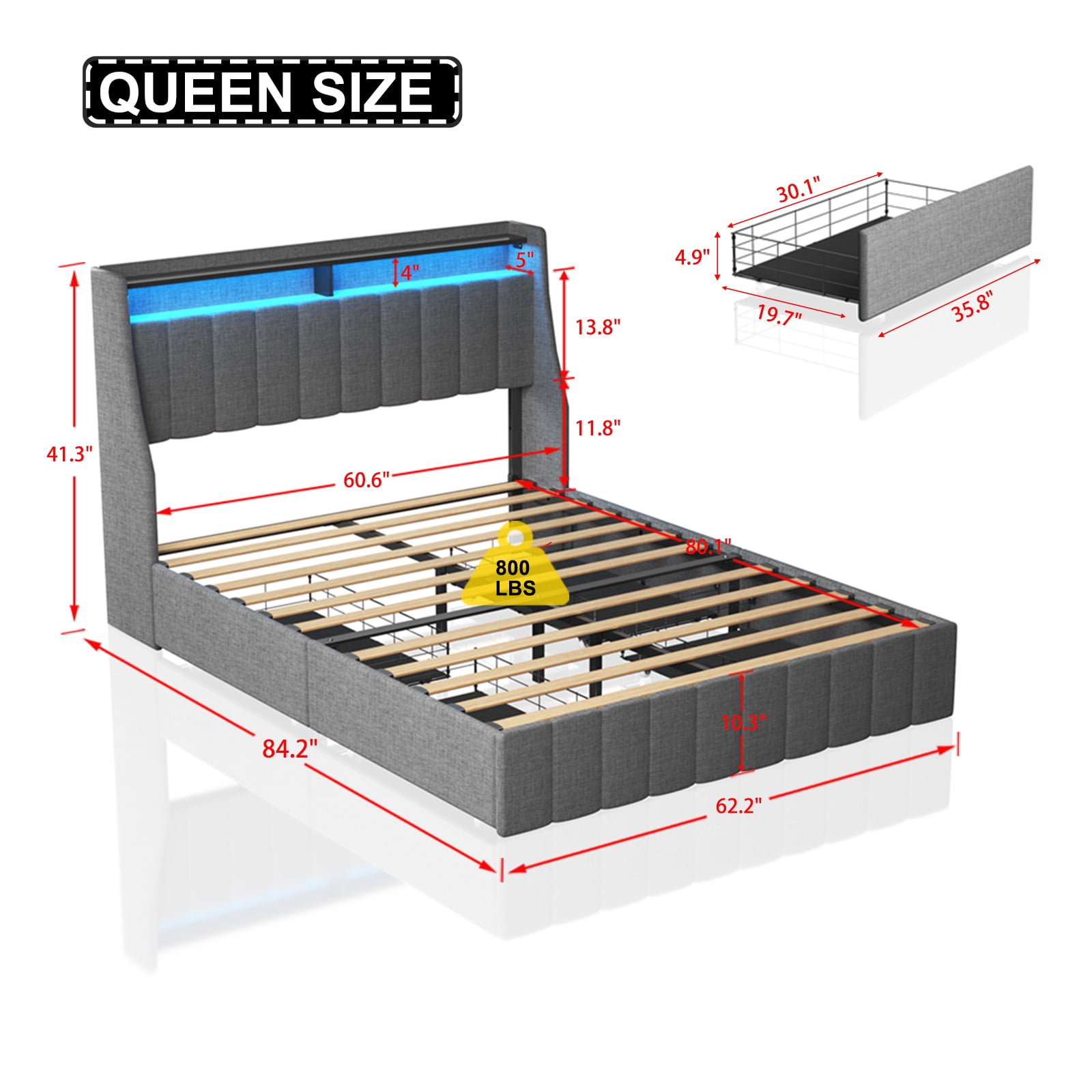 Euroco Queen Size Platform Bed with LED Light, Modern Storage Bed with 4 Drawers, Light Grey