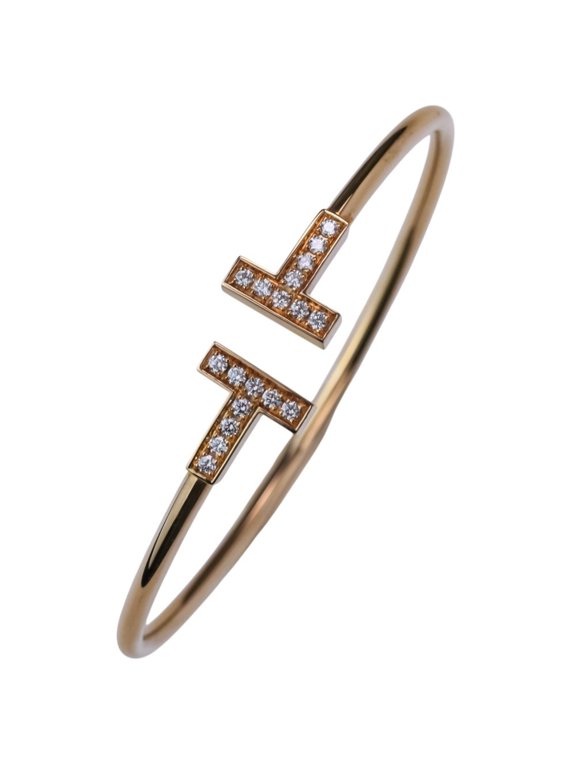 Pre-Owned TIFFANY&Co. Tiffany T Diamond 18P Wire Bracelet Bangle Au750 Small Gold Women's