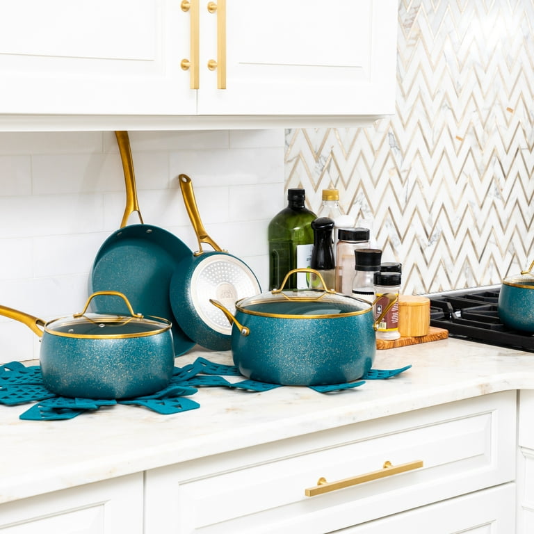  12pc Ceramic Non-Stick Cookware Set, Cornflower Blue, by Drew  Barrymore: Home & Kitchen