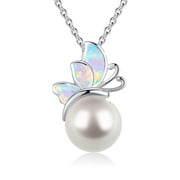 CUOKA MIRACLE Pearl Necklace Opal Necklace for Women 925 Sterling Silver Necklace Butterfly Opal Pendant Necklace Birthday Mothers Day Gift for Mom Grandma Wife Girls Daughter