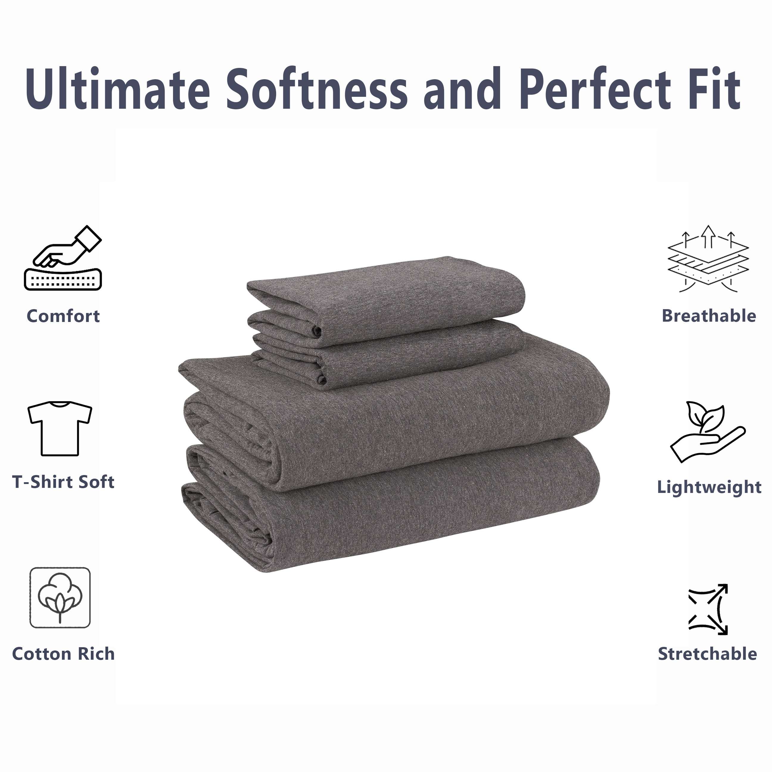 Mainstays Cotton-Rich Jersey Sheet Set, Queen, Charcoal, 4-Piece photo 2