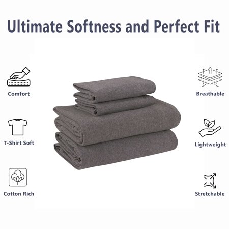 MAINSTAYS COTTON RICH EXTRA SOFT JERSEY BED SHEET SET, QUEEN, CHARCOAL, 4 PIECES
