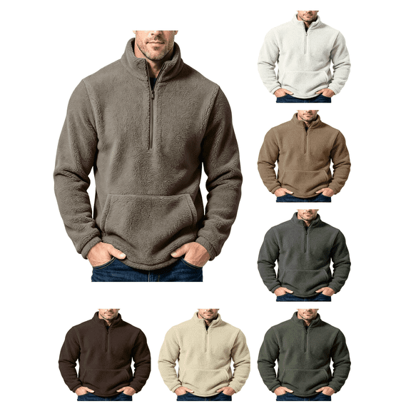 Atkumj Fleece Quarter Zip Pullover Men with Kangaroo Pocket Warm Comfortable Solid Color Sweatshirts Casual Stand Collar Long Sleeve Sweatshirt S