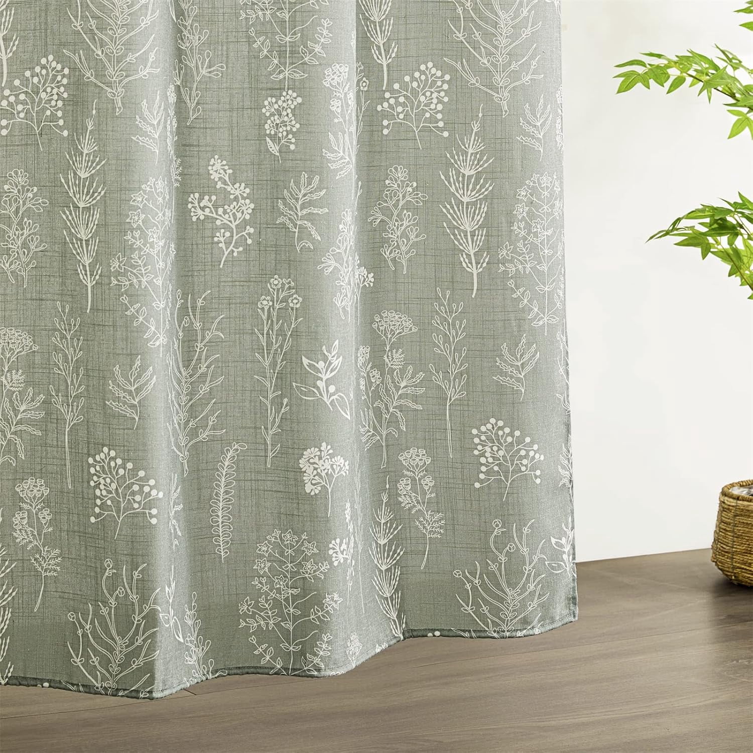 Vintage Botanical Linen Shower Curtain for Bathroom in Black and White, Heavy Duty 180GSM Textured Fabric Shower Curtain Set Cute Plant Leaves Design, Modern Farmhosue Boho Floral Bathroom Decor