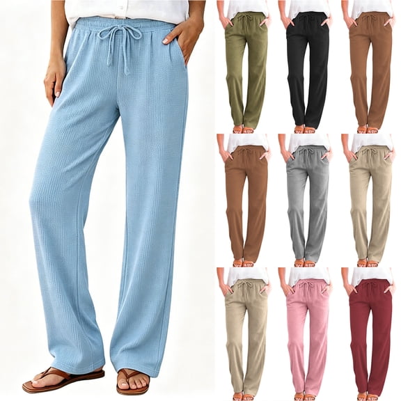 Bloomae Womens Casual Waffle Knit Lounge Pants Lightweight Drawstring Elastic High Waist Textured Palazzo Pants Loose Fit Wide Straight Leg Beach Vacation Trousers with Pockets