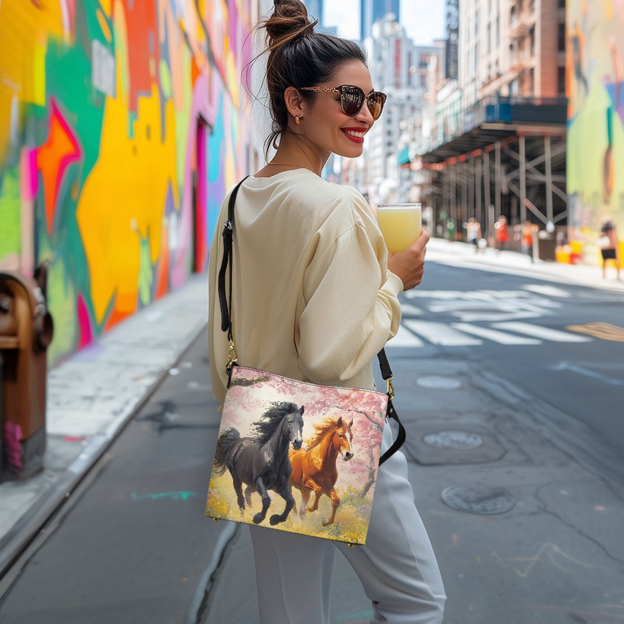Kuiaobaty Horse Print Bucket Crossbody Bag for Women Lady, Cherry Blossom Print Vegan Leather Bucket Tote Bag with Adjustable Strap, Lightweight Hobo Satchel Purse Crossbody for Travel