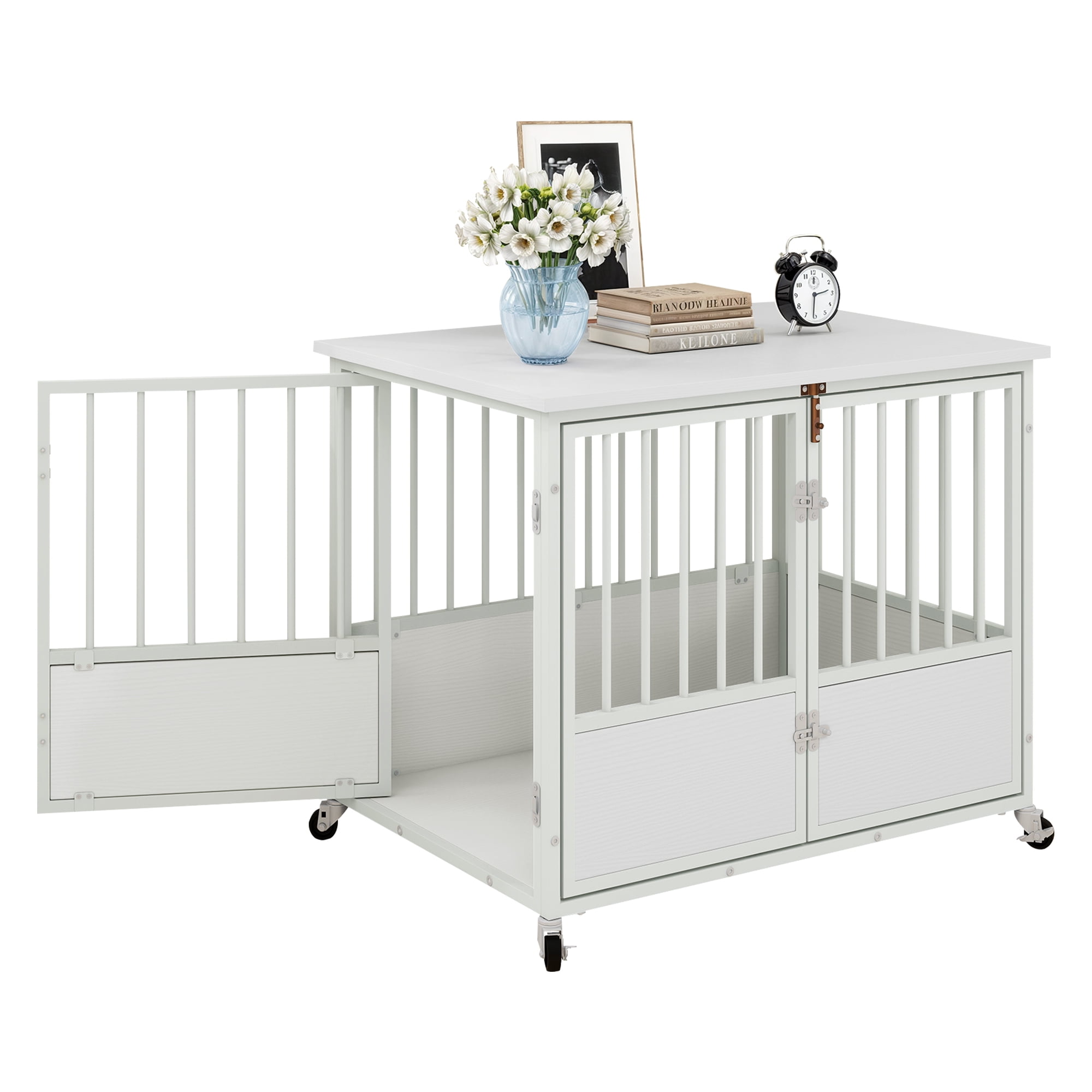 Uforic 38-Inch Wooden Dog Crate Furniture with Wheels and Double-Doors,Dog Kennel,Dog Cage for Indoor - White