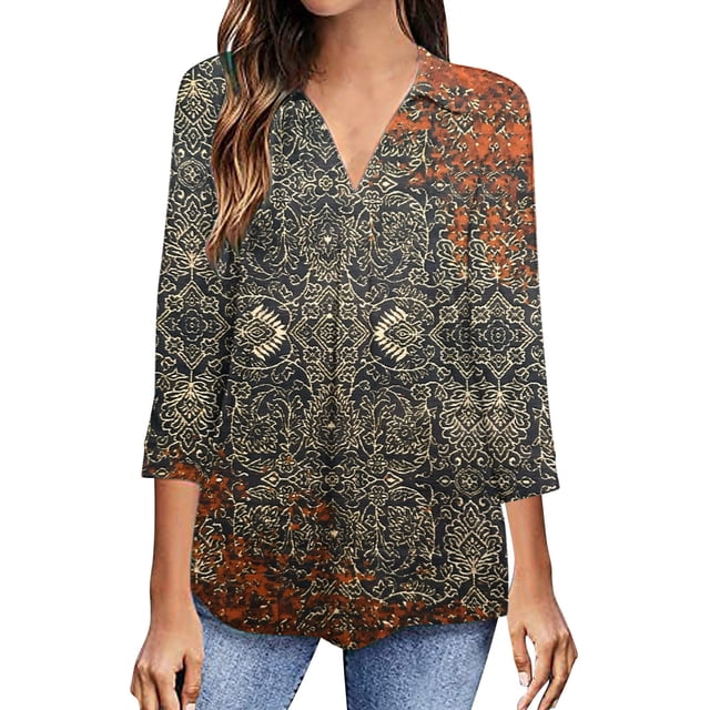 RKSTN Chemisiers Décontractés Boho à Imprimé Floral pour Femmes, Col en V, Manches Longues, Automne, Hauts à Imprimé Floral, Blouses Amples, Chemises