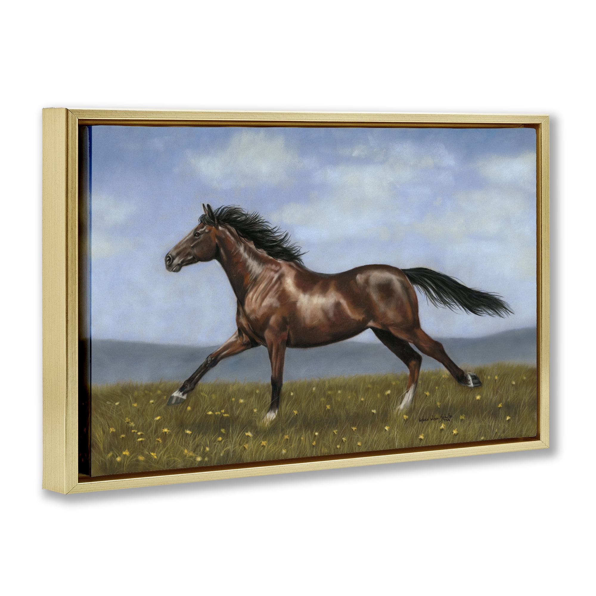 Stupell Industries Brown Running Mare Animals & Insects Painting Gold Floater Framed Canvas Art Print Wall Art, 31 x 21