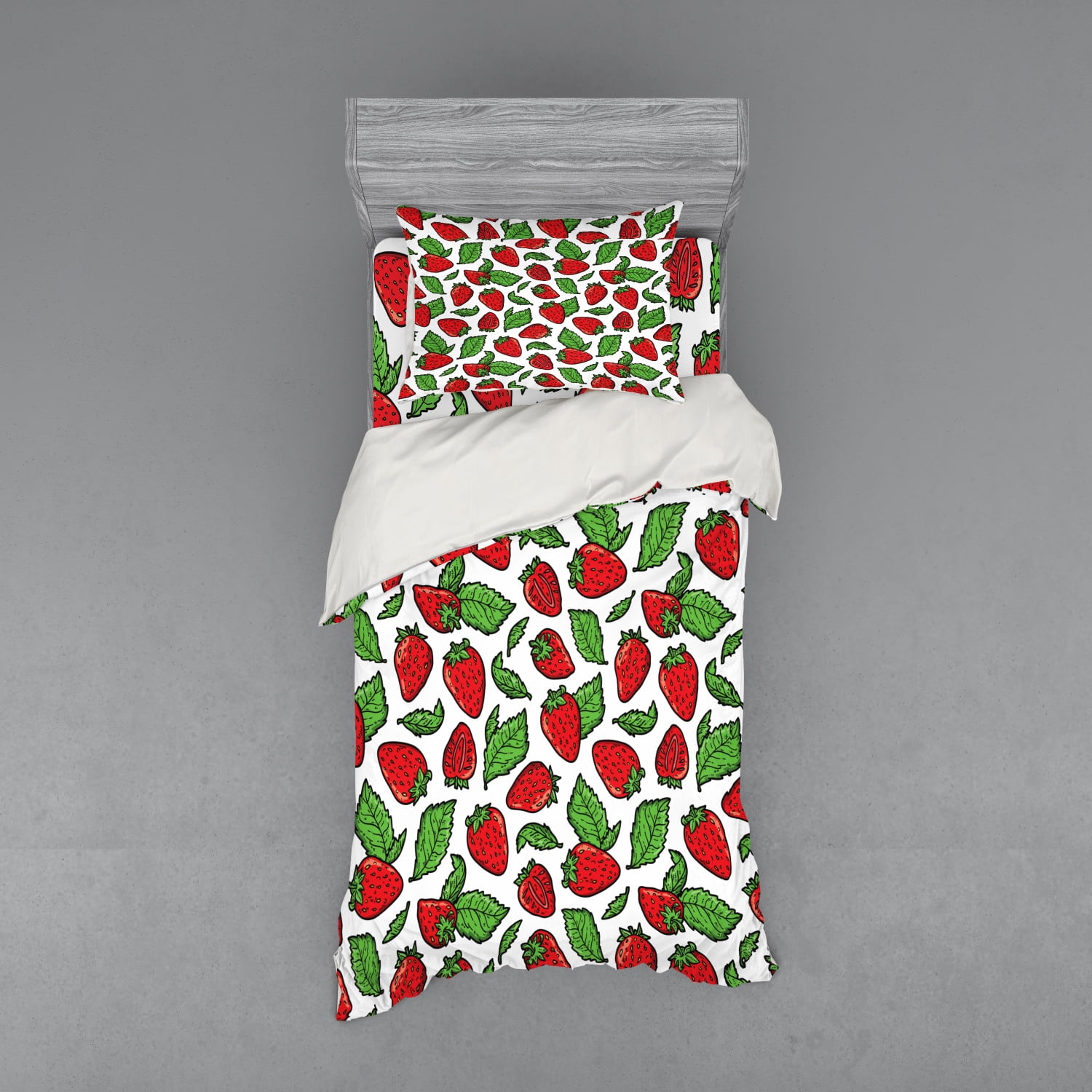Fruit Duvet Cover Set, Juicy Strawberries with Leaves Yummy Food