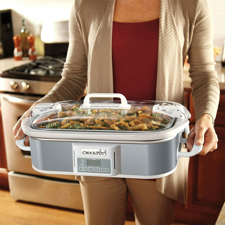 West Bend 4 Quart Slow Cooker, 3 Piece System Includes Warmer Tray, Non  Stick Pan and Lid 