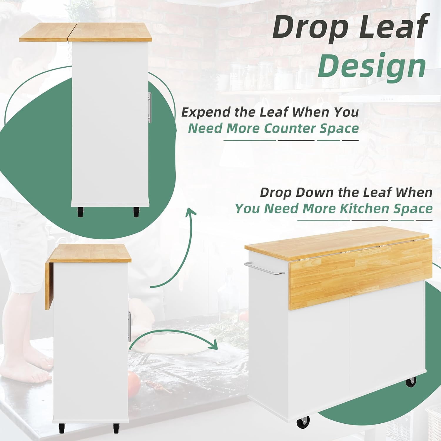 Sobaniilo Rolling Kitchen Island Cart with Folding Drop Leaf Breakfast Bar, Portable Trolley Island with Large Storage Cabinet, Shelf and Drawer, White