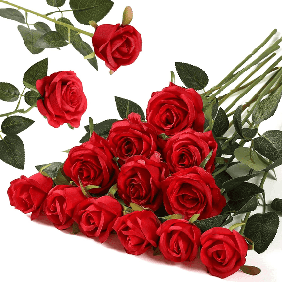 15pcs Artificial Roses with Long Stems Silk Red Roses Artificial Flowers for Bridal Bouquet Wedding Party Home Decor (Red)