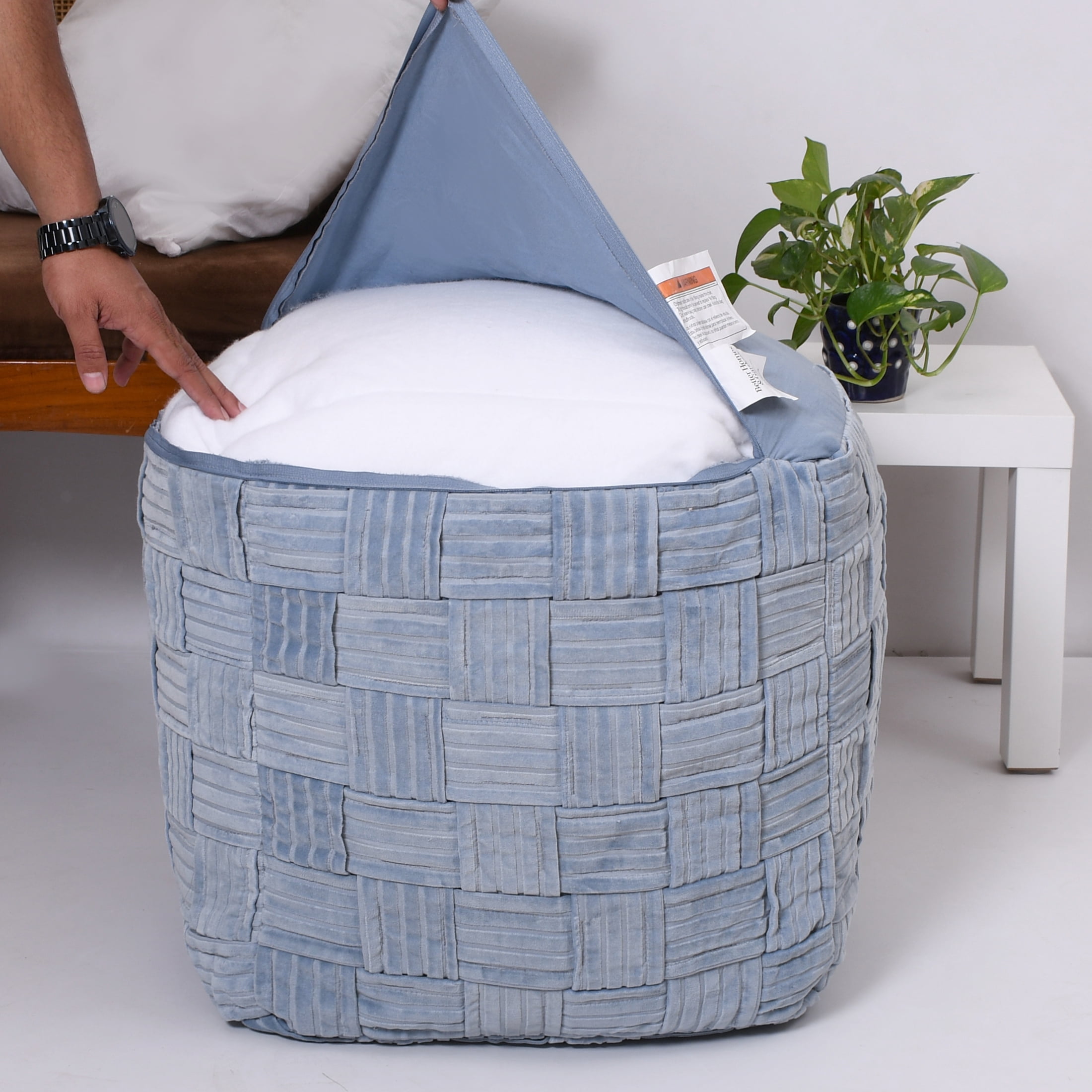Better Homes & Gardens Velvet Woven Pouf Cover, Blue Silver