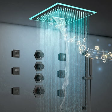 Thermostatic Music Shower System Dual Heads -16" Waterfall & 6" Rainfall LED Shower Head with Body Jets Matte Black