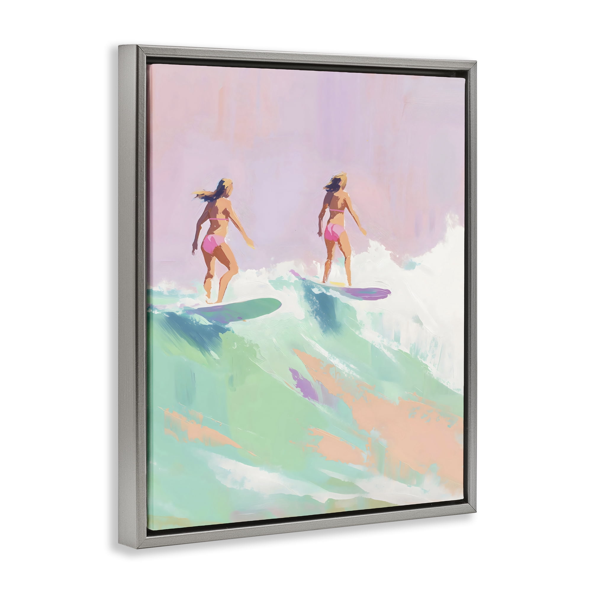 Stupell Industries Two Surfing Girls on Wave Gray Framed Floater Canvas Wall Art, design by The Prints Vibe