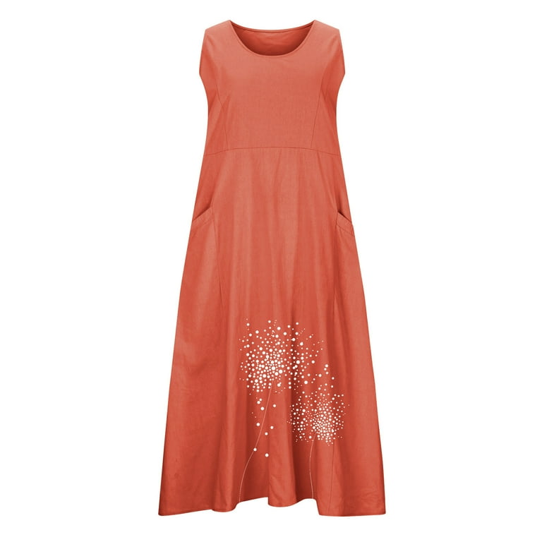 Uaswgudfs Summer Dresses for Women 2025 Round Neck Midi Dress  Dotted Hem  & Functional Pockets | Cotton-Linen Blend for Casual Chic Orange XXXL -  Walmart.com