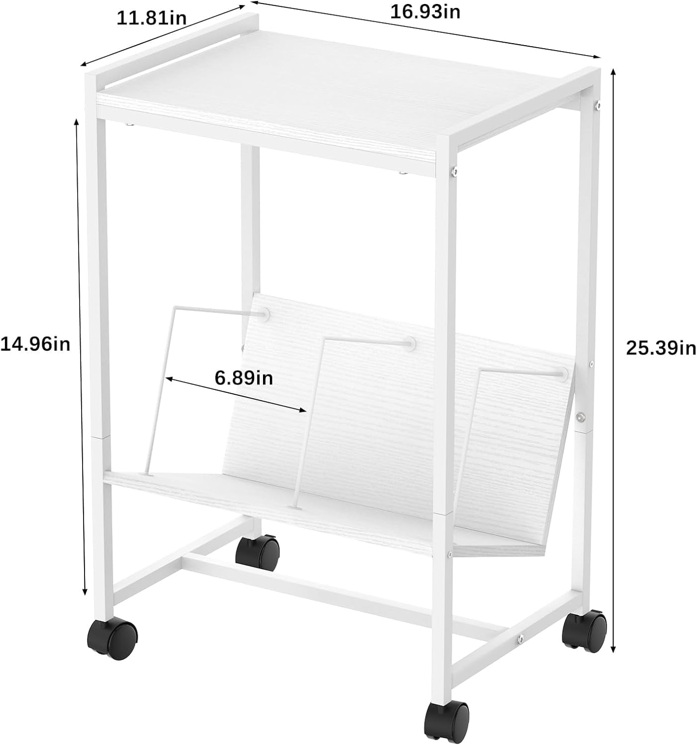 2-Tier End Table Record Player Stand with Wheels and Vinyl Storage Shelf, White