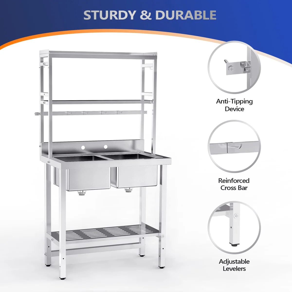 Ktaxon 36" × 21" Stainless Steel Double Utility Sink with Adjustable Shelves, Freestanding Prep Sink with Backsplash & 3.5" Drain
