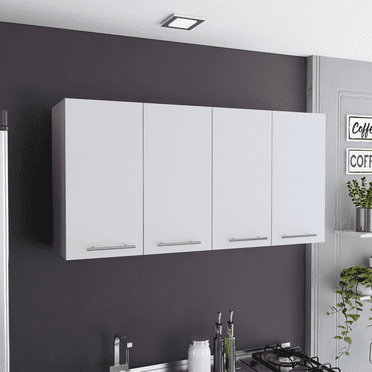 Wall Cabinet with Doors, Glass Organizer, 47 Inch White Kitchen Storage