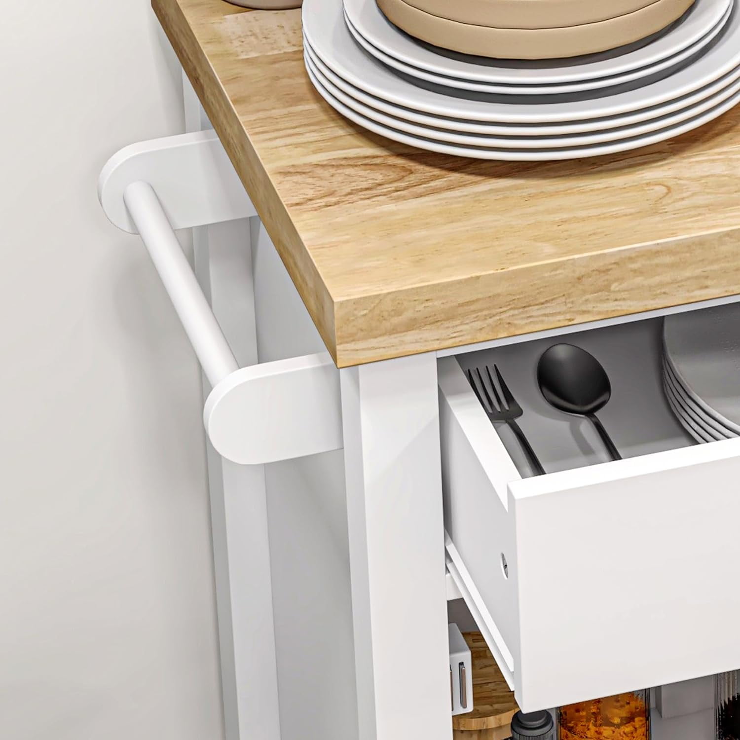 Utility Kitchen Cart, Rolling Kitchen Island with Smooth Rubberwood Top, Narrow Butcher Block Surface on Wheels with Storage Drawer & Cabinet, White